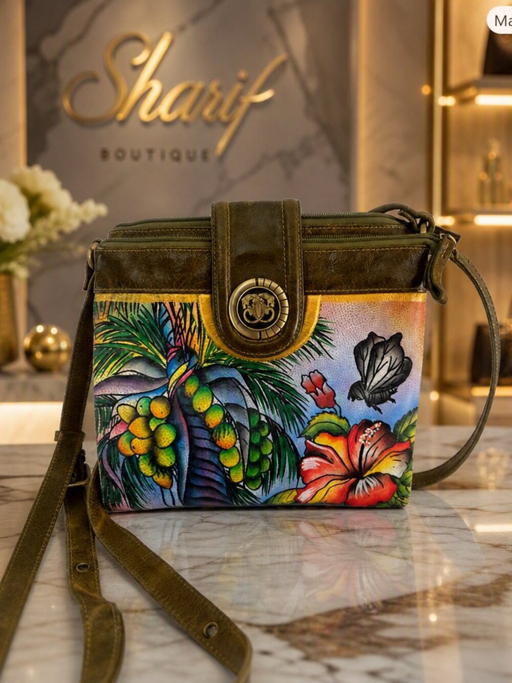 Sharif Hand‑Painted Tropical Leather Crossbody Bag